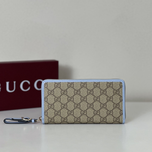 Gucci GG Emblem Zip Around Wallet Light Blue New GG Monogram Fabric Gucci GG Emblem Zip Around Wallet Light Blue New GG Monogram Fabric