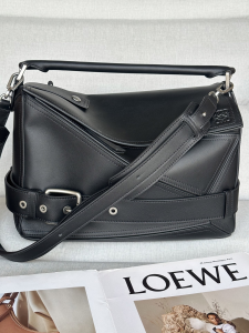 Loewe Large Puzzle Biker Shoulder Crossbody Bag Black Shiny Calfskin Loewe Large Puzzle Biker Shoulder Crossbody Bag Black Shiny Calfskin