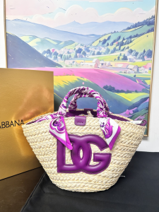 Dolce Gabbana DG Logo Small Kendra Straw Shopper Tote Bag Natural Purple Dolce Gabbana DG Logo Small Kendra Straw Shopper Tote Bag Natural Purple