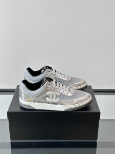Chanel CC Logo Silver Leather and Gray Mesh Sneakers Chanel CC Logo Silver Leather and Gray Mesh Sneakers