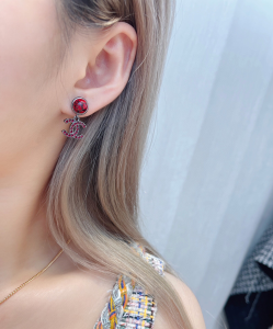 Chanel Crystal CC Red Pearl Earrings