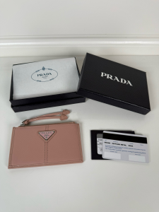 Prada Triangle Logo Leather Card Holder Wallet Light Pink Prada Triangle Logo Leather Card Holder Wallet Light Pink