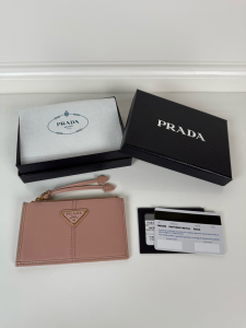 Prada Triangle Logo Leather Card Holder Wallet Light Pink Prada Triangle Logo Leather Card Holder Wallet Light Pink
