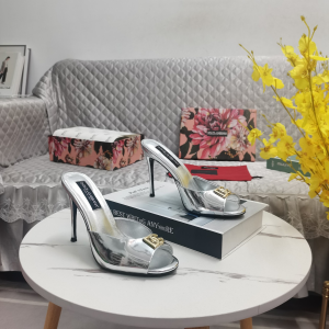 Dolce Gabbana DG Logo Silver Metallic Leather High Heeled Slides Sandals 110MM Dolce Gabbana DG Logo Silver Metallic Leather High Heeled Slides Sandals 110MM