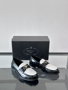 Prada Triangle Logo Black White Calfskin Leather Loafers Prada Triangle Logo Black White Calfskin Leather Loafers