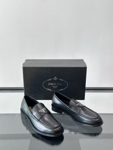 Prada Triangle Logo Slip On Black Smooth Leather Loafers Prada Triangle Logo Slip On Black Smooth Leather Loafers