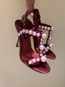 Dolce Gabbana Bejeweled Satin and Pearls Embroidery Satin High Heeled Sandals Burgundy 100MM Dolce Gabbana Bejeweled Satin and Pearls Embroidery Satin High Heeled Sandals Burgundy 100MM