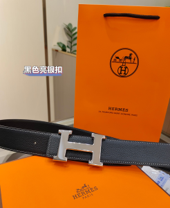 Hermes H Buckle Leather Belt Black