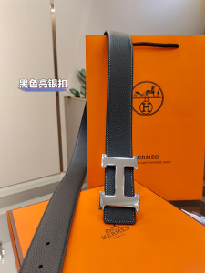 Hermes H Buckle Leather Belt Black
