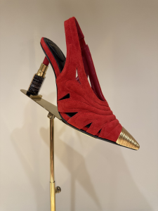 Balmain Lipstick Suede Leather and Brass Slingback Pumps Red 100MM Balmain Lipstick Suede Leather and Brass Slingback Pumps Red 100MM