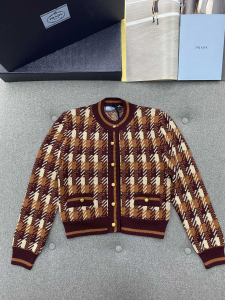 Prada Striped Print Jacquard Checked Patterned Wool Knit Cardigan Brown Prada Striped Print Jacquard Checked Patterned Wool Knit Cardigan Brown