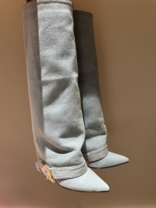 Balmain Anthem Denim Blue Fabric Knee High Boots Balmain Anthem Denim Blue Fabric Knee High Boots