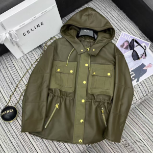Celine Dark Khaki Green Soft Lambskin Leather and Cotton Parka Coats Celine Dark Khaki Green Soft Lambskin Leather and Cotton Parka Coats
