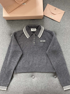 Miu Miu Embroidered Logo Knitted Slate Gray Wool And Cashmere Polo Sweater Gray Miu Miu Embroidered Logo Knitted Slate Gray Wool And Cashmere Polo Sweater Gray