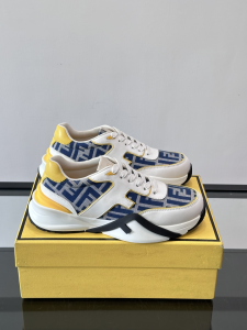Fendi Flow White Leather and Blue FF Jacquard Canvas Sneakers Fendi Flow White Leather and Blue FF Jacquard Canvas Sneakers