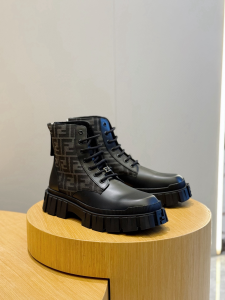 Fendi Force Black Leather and Black FF Jacquard Biker Ankle Boots Fendi Force Black Leather and Black FF Jacquard Biker Ankle Boots
