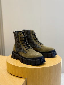 Fendi Force Khaki Suede Leather and Brown FF Jacquard Biker Ankle Boots Fendi Force Khaki Suede Leather and Brown FF Jacquard Biker Ankle Boots