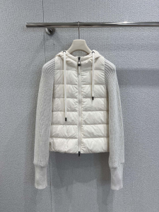 Brunello Cucinelli Quilted Shell Ribbed Sleeve zip up Down Hooded Jacket White Brunello Cucinelli Quilted Shell Ribbed Sleeve zip up Down Hooded Jacket White