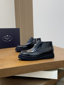 Prada Triangle Logo Black Shiny Calfskin Leather Ankle Boots Prada Triangle Logo Black Shiny Calfskin Leather Ankle Boots