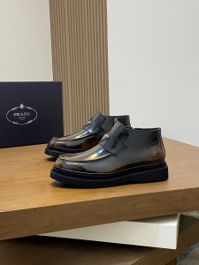 Prada Triangle Logo Brown Shiny Calfskin Leather Ankle Boots Prada Triangle Logo Brown Shiny Calfskin Leather Ankle Boots