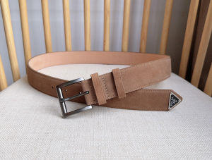 Prada Square Buckle Beige Suede Leather Belt 35MM Prada Square Buckle Beige Suede Leather Belt 35MM