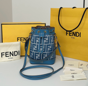 Fendi Mon Tresor Blue FF Jacquard Fabric Mini Bucket Shoulder Crossbody Bag Fendi Mon Tresor Blue FF Jacquard Fabric Mini Bucket Shoulder Crossbody Bag