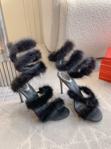 Rene Caovilla Lindsey Black Shearling Fur High Heeled Sandals 95MM Rene Caovilla Lindsey Black Shearling Fur High Heeled Sandals 95MM