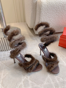 Rene Caovilla Lindsey Dark Brown Shearling Fur High Heeled Sandals 95MM Rene Caovilla Lindsey Dark Brown Shearling Fur High Heeled Sandals 95MM