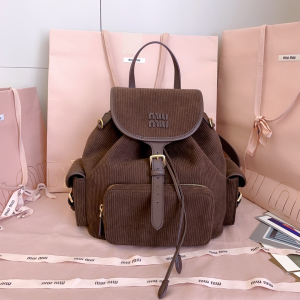 Miu Miu Corduroy Multi Pocket Dark Brown Cotton Backpack Bag Miu Miu Corduroy Multi Pocket Dark Brown Cotton Backpack Bag