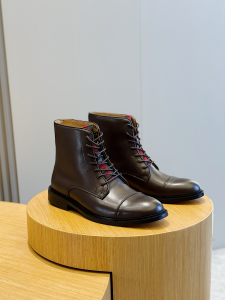 Gucci Mens Lace Up Ankle Boot with Web Dark Brown Shiny Leather Gucci Mens Lace Up Ankle Boot with Web Dark Brown Shiny Leather