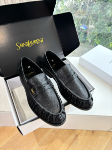 Saint Laurent YSL Logo Plaque Le Ostrich Leather Penny Loafers Black Saint Laurent YSL Logo Plaque Le Ostrich Leather Penny Loafers Black