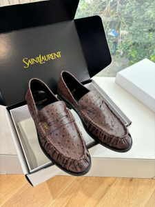 Saint Laurent YSL Logo Plaque Le Ostrich Leather Penny Loafers Dark Brown Saint Laurent YSL Logo Plaque Le Ostrich Leather Penny Loafers Dark Brown