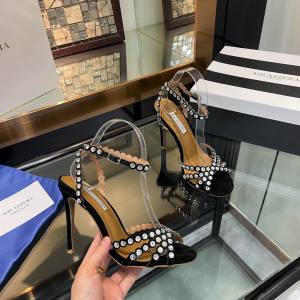 Aquazzura Tequila Crystal Embellished High Heeld Ankle Strap Leather Sandals Black 105MM Aquazzura Tequila Crystal Embellished High Heeld Ankle Strap Leather Sandals Black 105MM