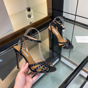 Aquazzura Tequila Crystal Embellished High Heeld Ankle Strap Leather Sandals Black 105MM Aquazzura Tequila Crystal Embellished High Heeld Ankle Strap Leather Sandals Black 105MM