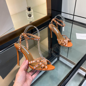 Aquazzura Tequila Crystal Embellished High Heeld Ankle Strap Leather Sandals Brown 105MM Aquazzura Tequila Crystal Embellished High Heeld Ankle Strap Leather Sandals Brown 105MM