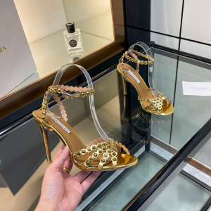 Aquazzura Tequila Crystal Embellished High Heeld Ankle Strap Leather Sandals Gold 105MM Aquazzura Tequila Crystal Embellished High Heeld Ankle Strap Leather Sandals Gold 105MM