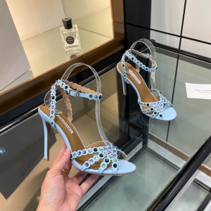 Aquazzura Tequila Crystal Embellished High Heeld Ankle Strap Leather Sandals Light Blue 105MM Aquazzura Tequila Crystal Embellished High Heeld Ankle Strap Leather Sandals Light Blue 105MM
