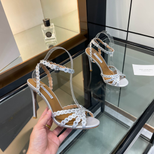 Aquazzura Tequila Crystal Embellished High Heeld Ankle Strap Leather Sandals Silver 105MM Aquazzura Tequila Crystal Embellished High Heeld Ankle Strap Leather Sandals Silver 105MM