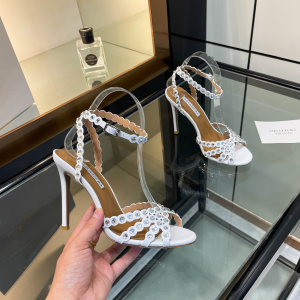 Aquazzura Tequila Crystal Embellished High Heeld Ankle Strap Leather Sandals White 105MM Aquazzura Tequila Crystal Embellished High Heeld Ankle Strap Leather Sandals White 105MM