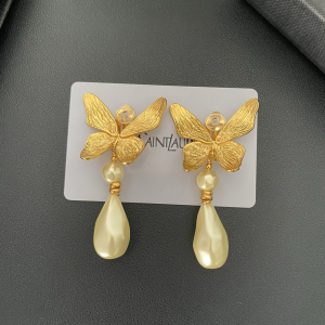 Saint Laurent Gold Metal Butterfly Pearl Earrings Saint Laurent Gold Metal Butterfly Pearl Earrings