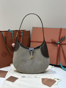 Loro Piana Bobbin Mini Brown Leather and Gray Canvas Hobo Shoulder Bag Loro Piana Bobbin Mini Brown Leather and Gray Canvas Hobo Shoulder Bag