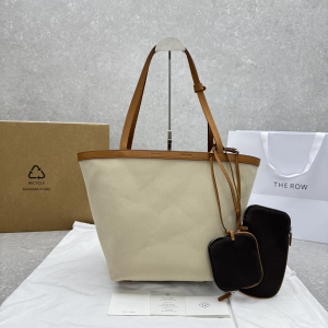 The Row Park Leather Trimmed Twill Three Cotton Canvas Tote Bag Beige Brown The Row Park Leather Trimmed Twill Three Cotton Canvas Tote Bag Beige Brown