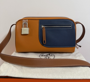 Hermes Nouveau On Body Shoulder Bag Blue Tan Grained Calfskin and Taurillon Clemence Leather Hermes Nouveau On Body Shoulder Bag Blue Tan Grained Calfskin and Taurillon Clemence Leather