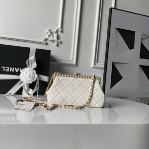 Chanel 2026 Clutch With Chain Pearls Shoulder Bag White Quilted Lambskin Leather Chanel 2026 Clutch With Chain Pearls Shoulder Bag White Quilted Lambskin Leather