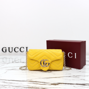 Gucci GG Marmont Mini Chain Shoulder Bag Yellow Matelasse Chevron Lambskin Leather Gucci GG Marmont Mini Chain Shoulder Bag Yellow Matelasse Chevron Lambskin Leather