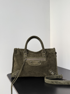 Balenciaga Medium Le City Top Handle Shoulder Bag Dark Green Suede Leather Balenciaga Medium Le City Top Handle Shoulder Bag Dark Green Suede Leather