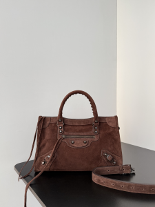 Balenciaga Small Le City Top Handle Shoulder Bag Dark Brown Suede Leather Balenciaga Small Le City Top Handle Shoulder Bag Dark Brown Suede Leather