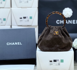 Chanel Vip Medium Pouch Bag Dark Brown Suede Calfskin with Plexi Handle Chanel Vip Medium Pouch Bag Dark Brown Suede Calfskin with Plexi Handle