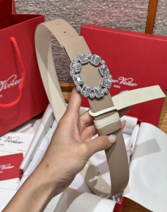 Roger Vivier Crystal Buckle Gray Leather Belt 30MM Roger Vivier Crystal Buckle Gray Leather Belt 30MM