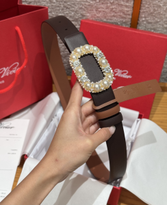 Roger Vivier Crystal Pearls Buckle Dark Brown Leather Belt 30MM Roger Vivier Crystal Pearls Buckle Dark Brown Leather Belt 30MM